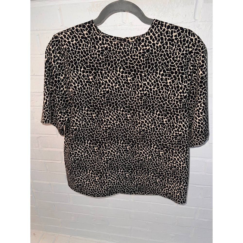 Yves St Clair Petites Animal Print Blouse Black Cream Short Sleeve Top 10P